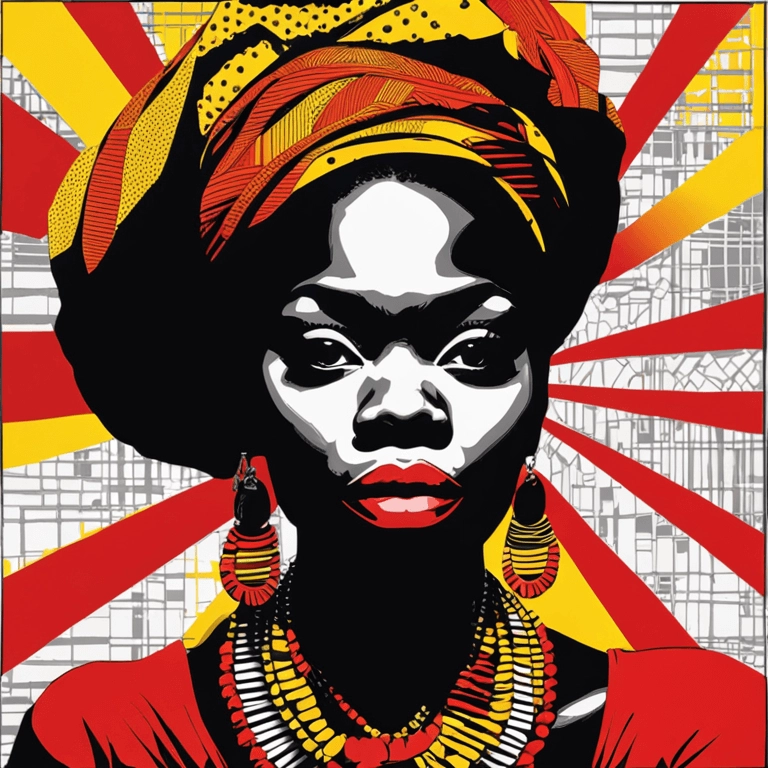 pop art portrait of an african woman, red, black, yellow colors