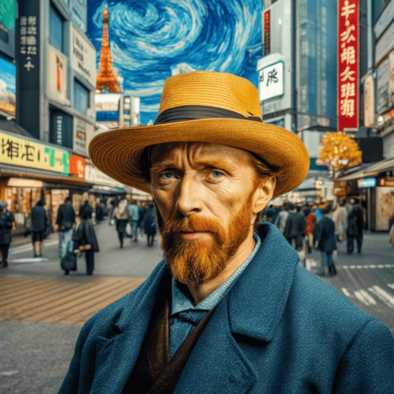 realistic photo of vincent van gogh in Tokyo in 2030