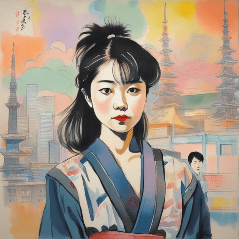 young japanese woman, Tokyo in the 80s, pastel, tin contour, watercolor, flat, paint strokes, colorful patterns