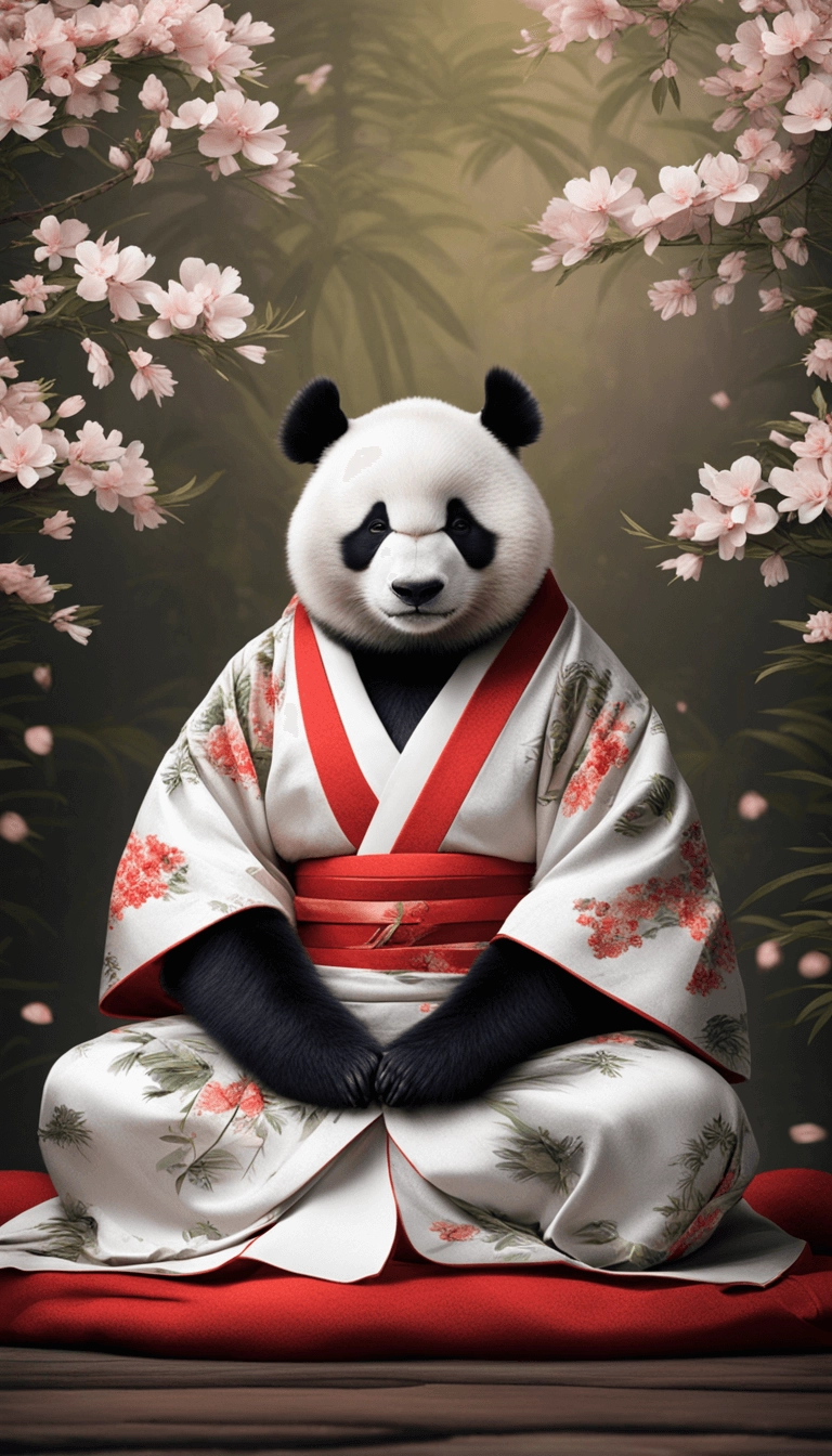 a realistic photo of panda meditating in a japanese kimono, sitting on a stone, closed eyes, hands on the laps