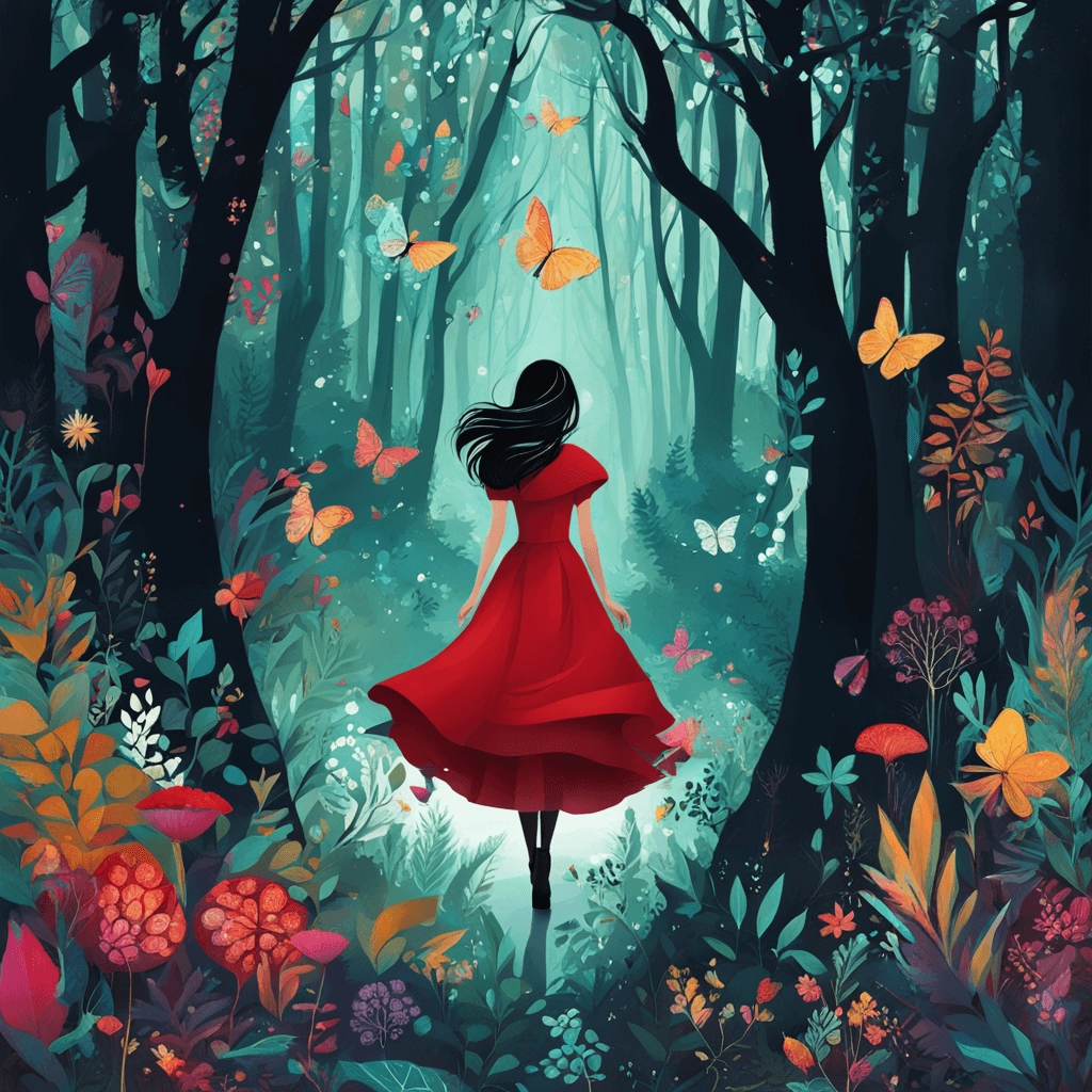 digital art, abstract art, fairytale forest, young woman in a red dress