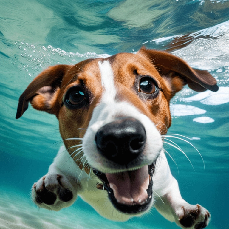 happy jack russel terier swimming underwater, open mouth, portrait
