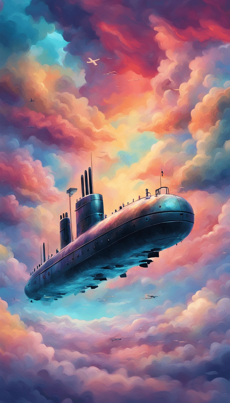 digital art, submarine, flying through the colorful sky full of clouds