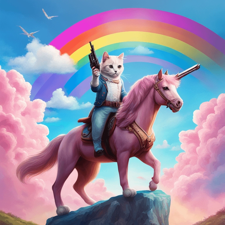 realistic cat with a pistol in the hand, sits on a racing unicorn standing on a hill, blue sky, pink clouds