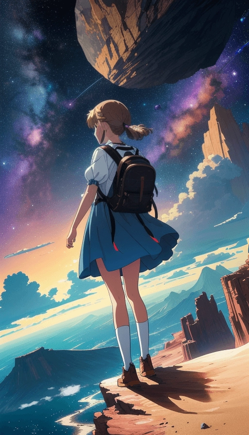 a girl in a dress watching distant flying rocks of space, backpack, in the style of anime-inspired character designs, colorful landscapes, sandy, bronze, dusty piles
