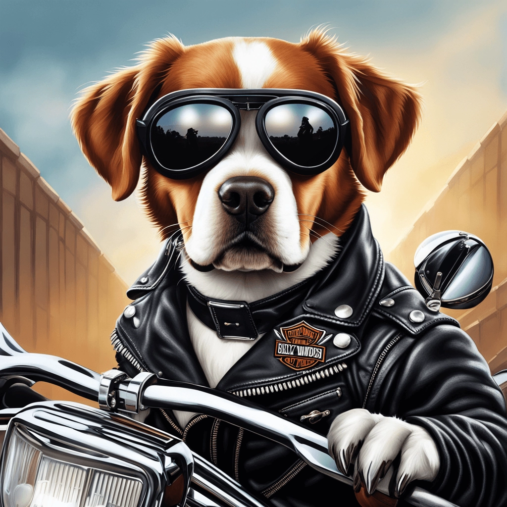 a realistic portrait of dog riding a harley-davidson motorcycle, wearing helmet, sunglasses and leather jacket