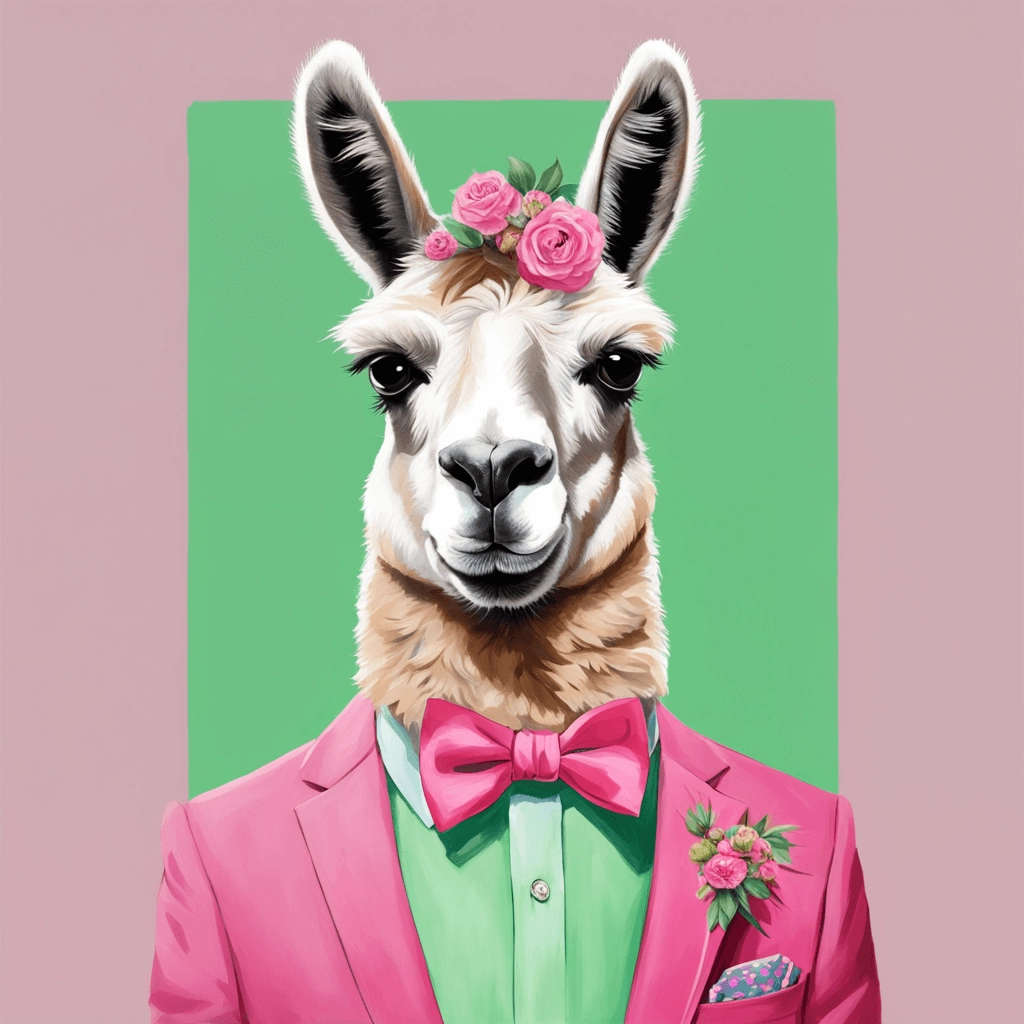 a realistic portrait of a llama wearing a pink suit, green shirt, bow tie