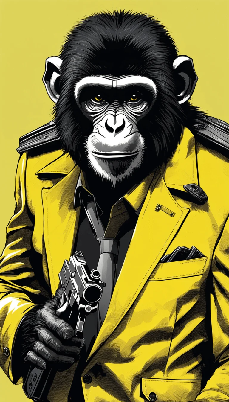 digital art, black monkey wearing a yellow suit, pointing a pistol into the camera, light yellow background