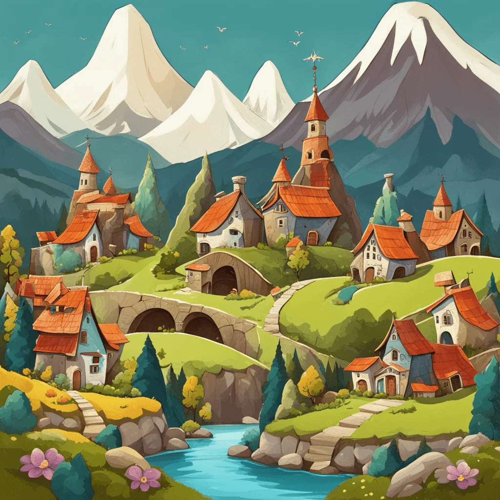 whimsical landscape, imaginative mountain village, cartoon style
