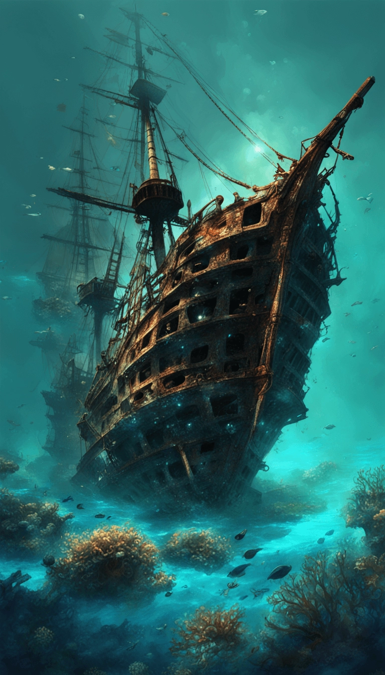 digital art, pirate ship wreck, underwater