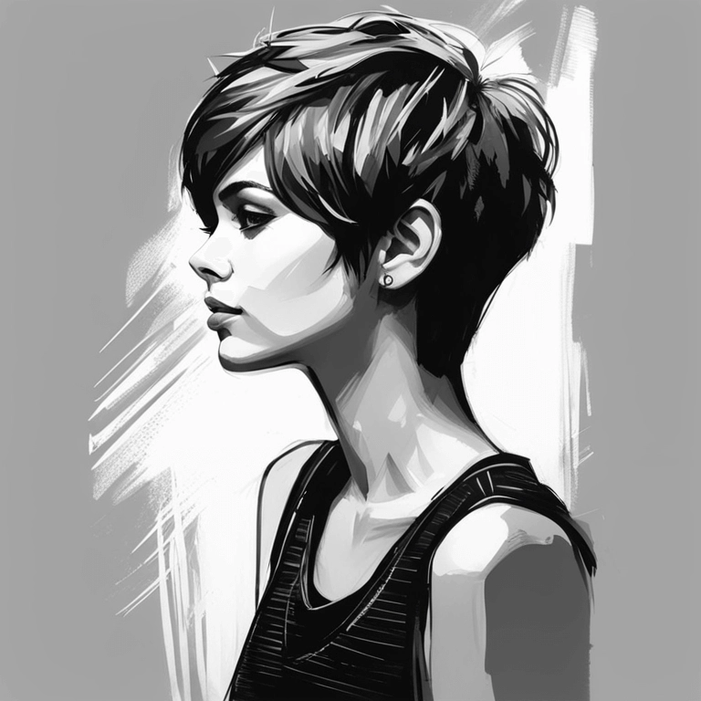 young female, Pixie Cut, wearing tank top, black and white painting, sketch, side portrait