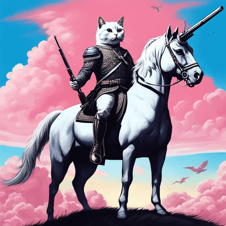 realistic cat with a pistol in the hand, sits on a racing unicorn standing on a hill, blue sky, pink clouds