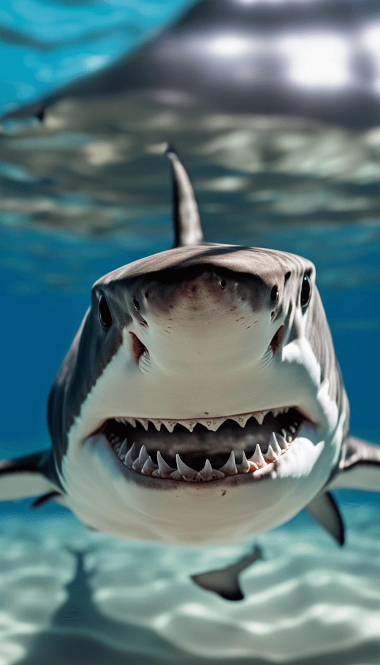 Realistic photo of a shark looking straight into the camera