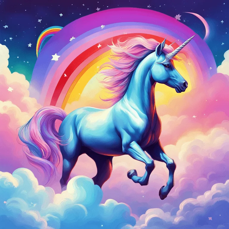 a unicorn galoping on a rainbow clouds, digital art, sharp